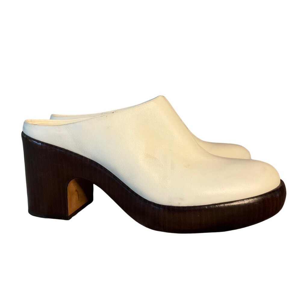 Vince Cream Leather Mules  Clogs 7.5 Chunky Wood Heel Slip-On  winter white